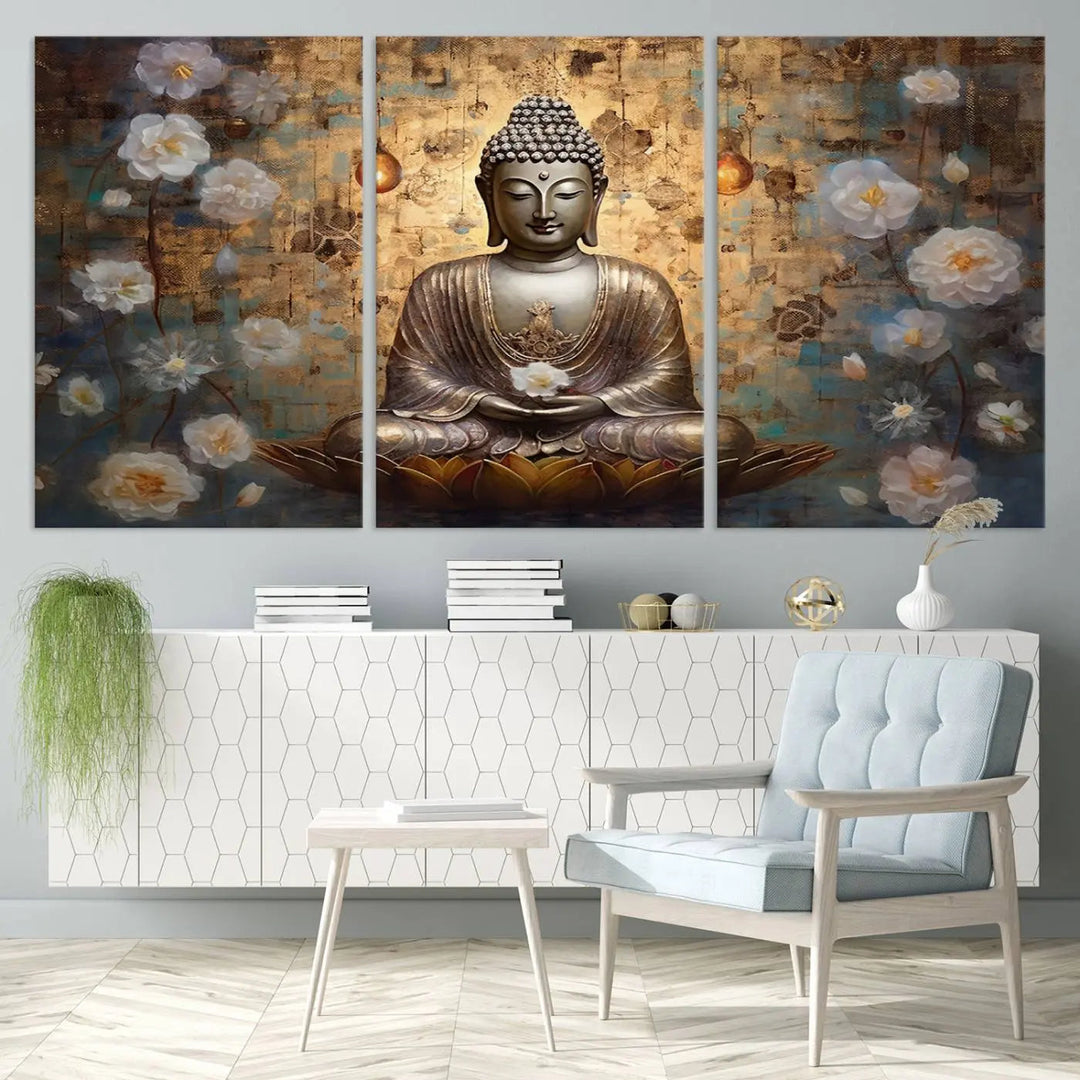 A set of Golden Buddha Wall Art Canvas Prints enhances a modern living room with floral accents, adding to the meditation decor through its serene charm. This tranquil spiritual home art creates an ideal environment for relaxation and contemplation.