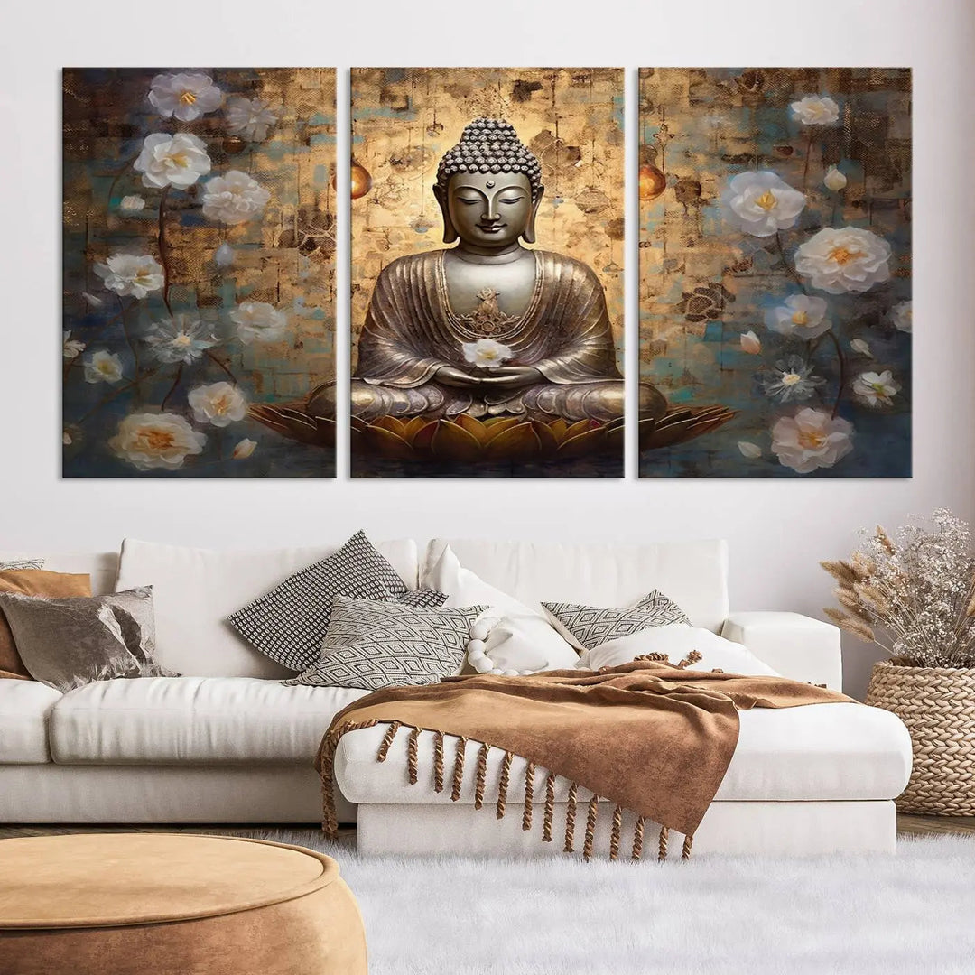 A set of Golden Buddha Wall Art Canvas Prints enhances a modern living room with floral accents, adding to the meditation decor through its serene charm. This tranquil spiritual home art creates an ideal environment for relaxation and contemplation.