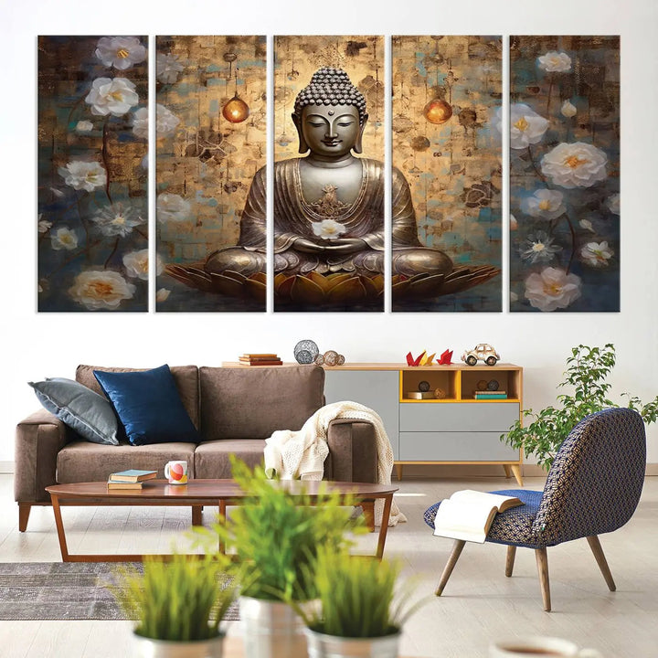 A set of Golden Buddha Wall Art Canvas Prints enhances a modern living room with floral accents, adding to the meditation decor through its serene charm. This tranquil spiritual home art creates an ideal environment for relaxation and contemplation.