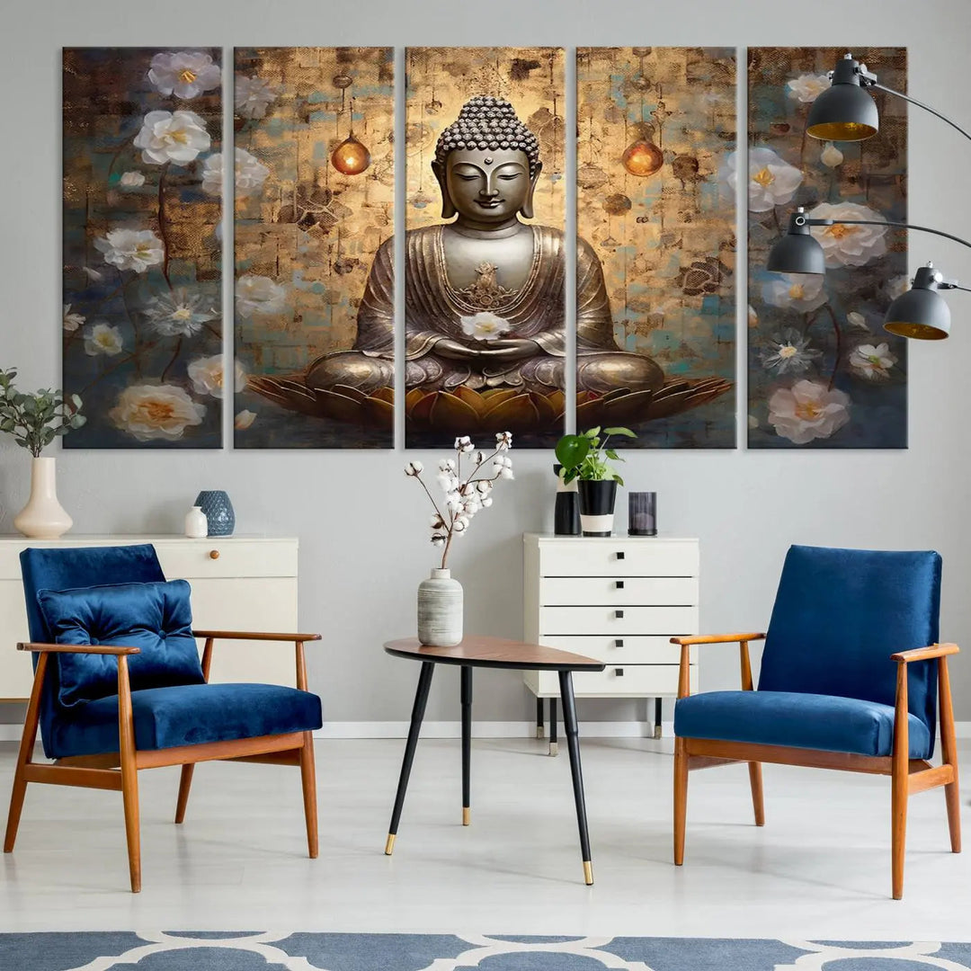 A set of Golden Buddha Wall Art Canvas Prints enhances a modern living room with floral accents, adding to the meditation decor through its serene charm. This tranquil spiritual home art creates an ideal environment for relaxation and contemplation.