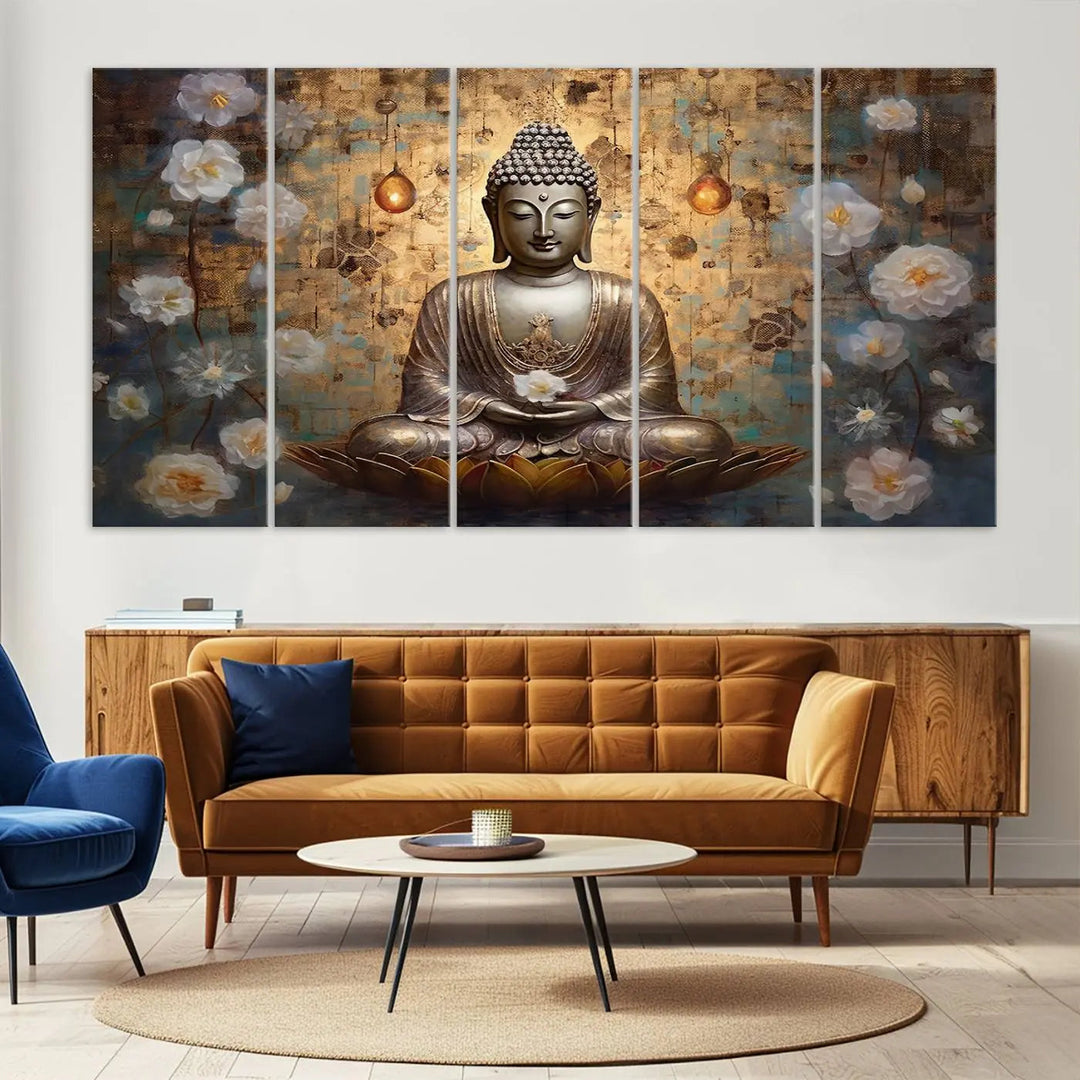 A set of Golden Buddha Wall Art Canvas Prints enhances a modern living room with floral accents, adding to the meditation decor through its serene charm. This tranquil spiritual home art creates an ideal environment for relaxation and contemplation.