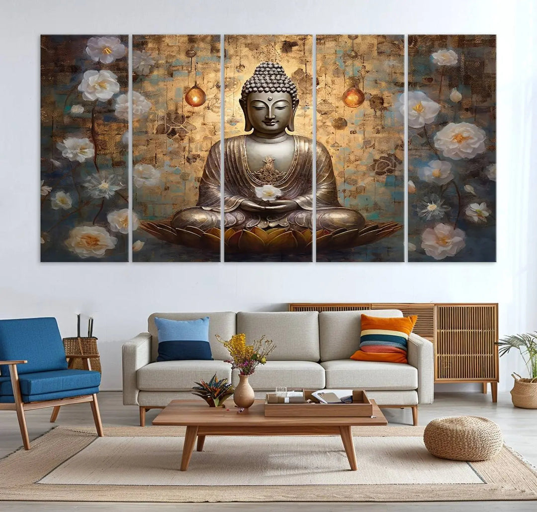 A set of Golden Buddha Wall Art Canvas Prints enhances a modern living room with floral accents, adding to the meditation decor through its serene charm. This tranquil spiritual home art creates an ideal environment for relaxation and contemplation.