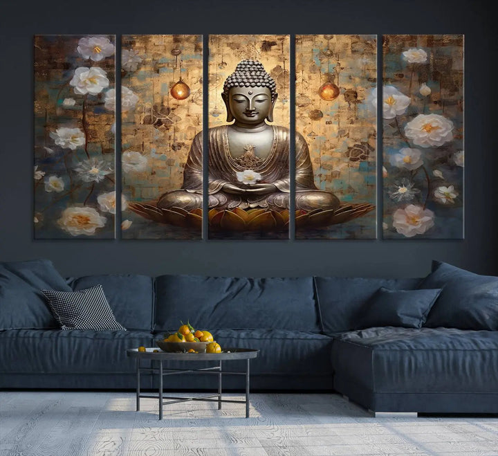 A set of Golden Buddha Wall Art Canvas Prints enhances a modern living room with floral accents, adding to the meditation decor through its serene charm. This tranquil spiritual home art creates an ideal environment for relaxation and contemplation.