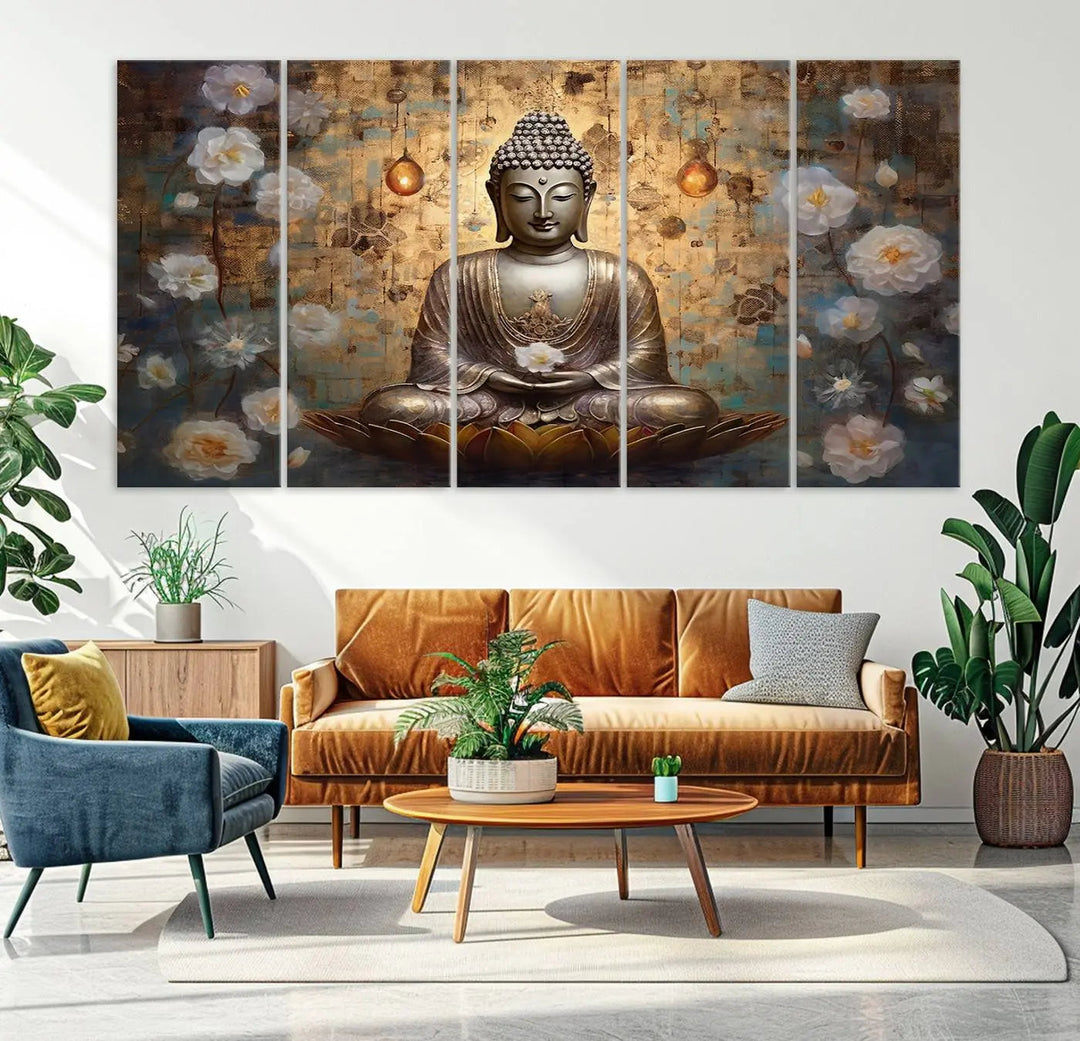 A set of Golden Buddha Wall Art Canvas Prints enhances a modern living room with floral accents, adding to the meditation decor through its serene charm. This tranquil spiritual home art creates an ideal environment for relaxation and contemplation.