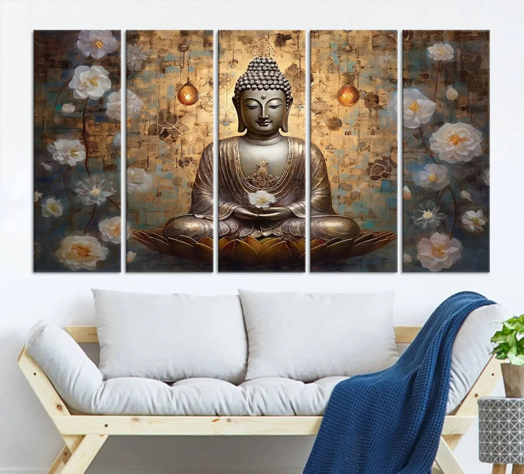 A set of Golden Buddha Wall Art Canvas Prints enhances a modern living room with floral accents, adding to the meditation decor through its serene charm. This tranquil spiritual home art creates an ideal environment for relaxation and contemplation.