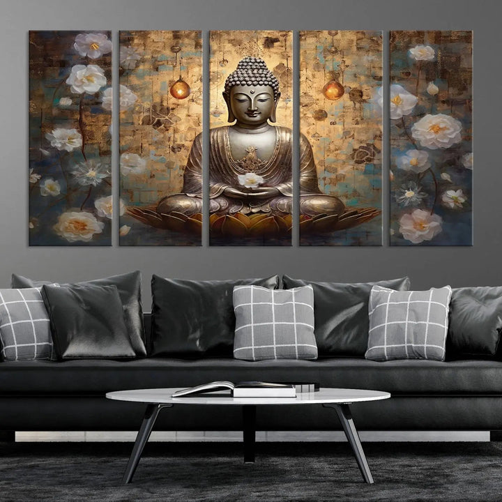 A set of Golden Buddha Wall Art Canvas Prints enhances a modern living room with floral accents, adding to the meditation decor through its serene charm. This tranquil spiritual home art creates an ideal environment for relaxation and contemplation.