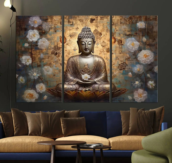 A set of Golden Buddha Wall Art Canvas Prints enhances a modern living room with floral accents, adding to the meditation decor through its serene charm. This tranquil spiritual home art creates an ideal environment for relaxation and contemplation.