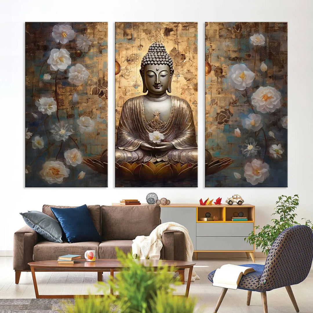 A set of Golden Buddha Wall Art Canvas Prints enhances a modern living room with floral accents, adding to the meditation decor through its serene charm. This tranquil spiritual home art creates an ideal environment for relaxation and contemplation.