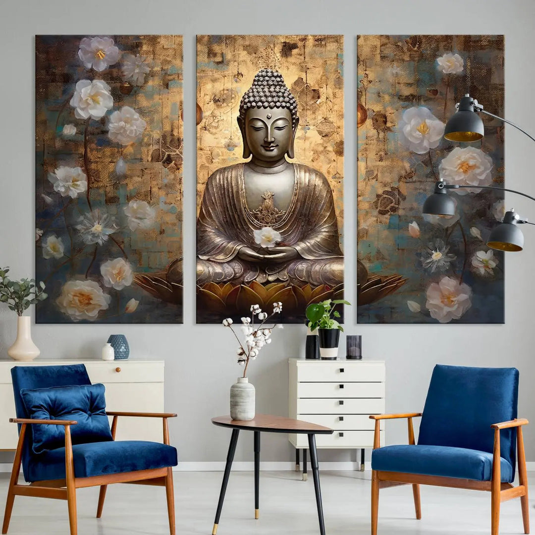 A set of Golden Buddha Wall Art Canvas Prints enhances a modern living room with floral accents, adding to the meditation decor through its serene charm. This tranquil spiritual home art creates an ideal environment for relaxation and contemplation.