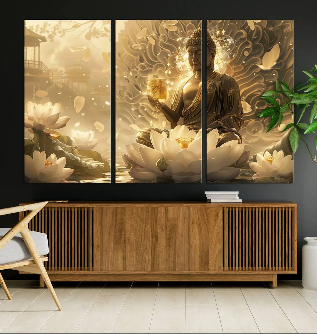 A framed Golden Buddha wall art, featuring the serene Yoga Room and Meditation Room Decor theme, exudes spiritual tranquility in a contemporary meditation room.