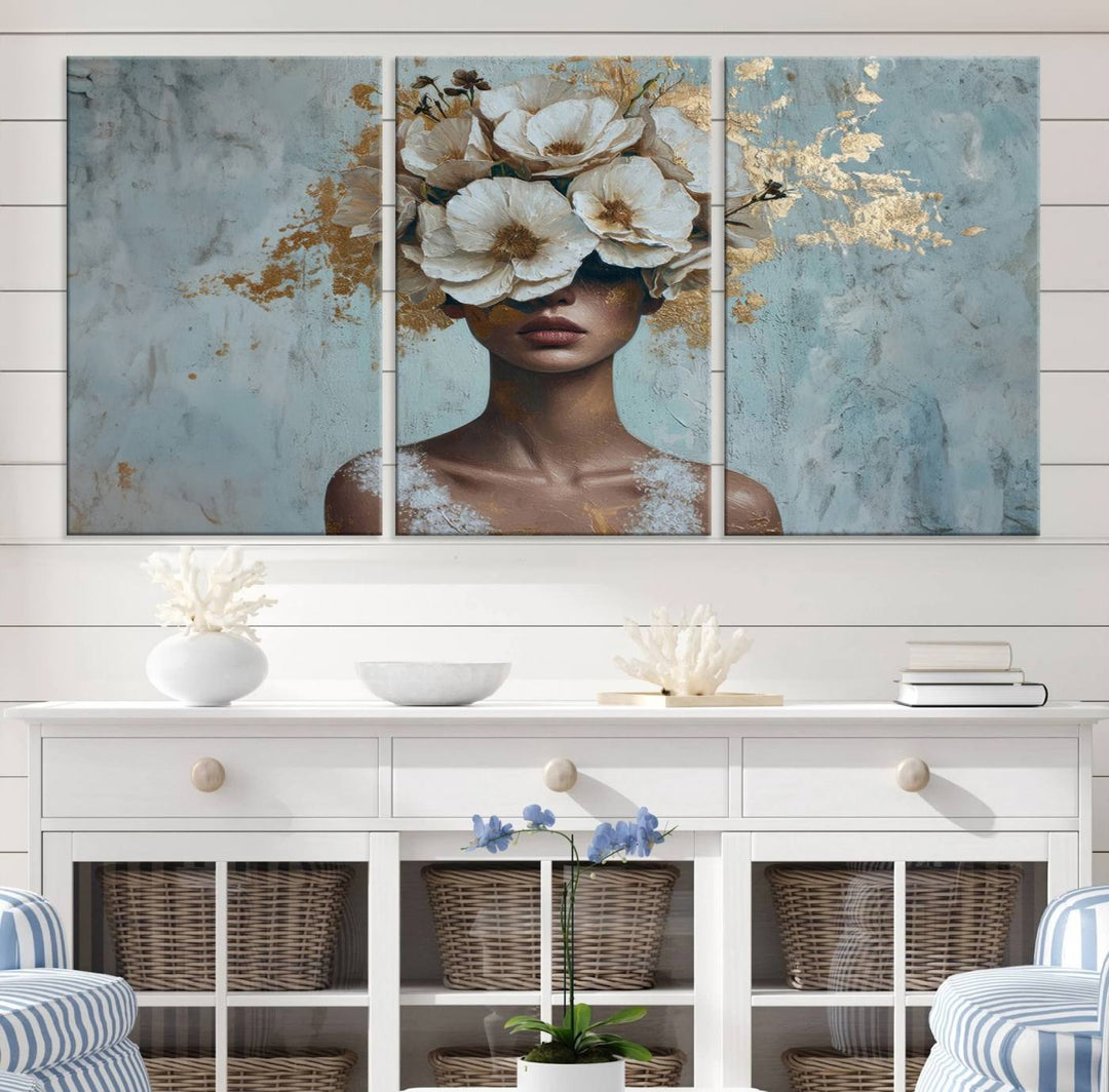 Golden Petal Wall Art: a stunning 3-panel canvas featuring a woman adorned with flowers.