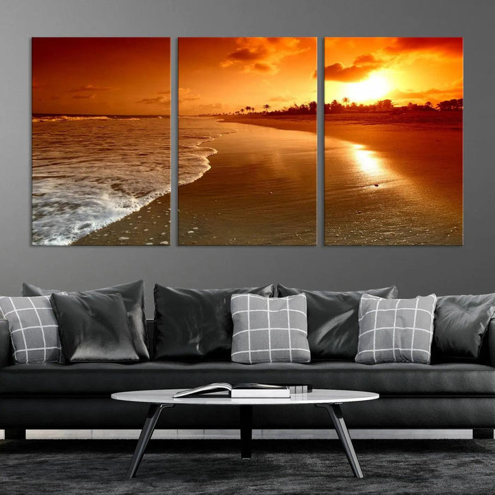 Golden sunset beach canvas wall art. A triptych coastal print perfect for living rooms and relaxation spaces.