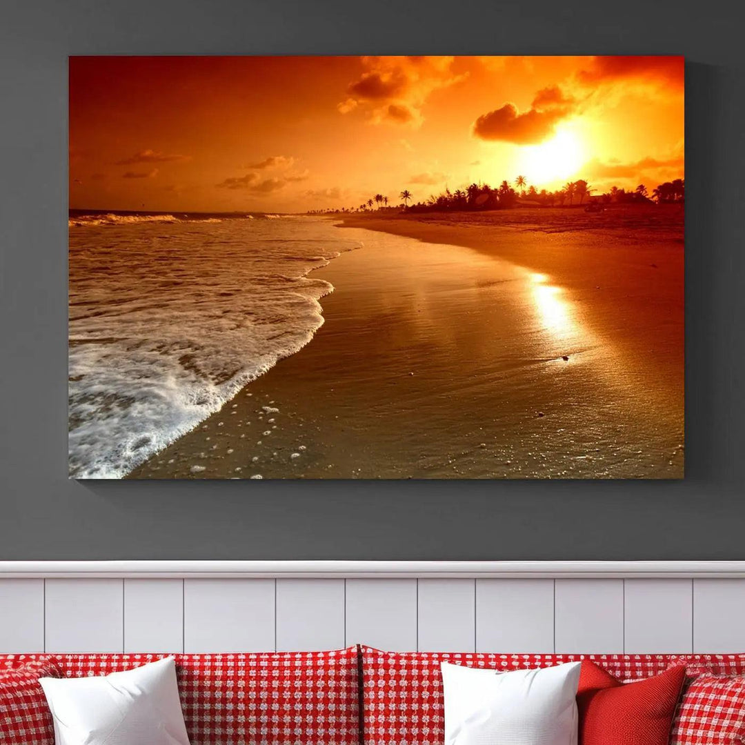 Golden sunset beach canvas wall art. A triptych coastal print perfect for living rooms and relaxation spaces.