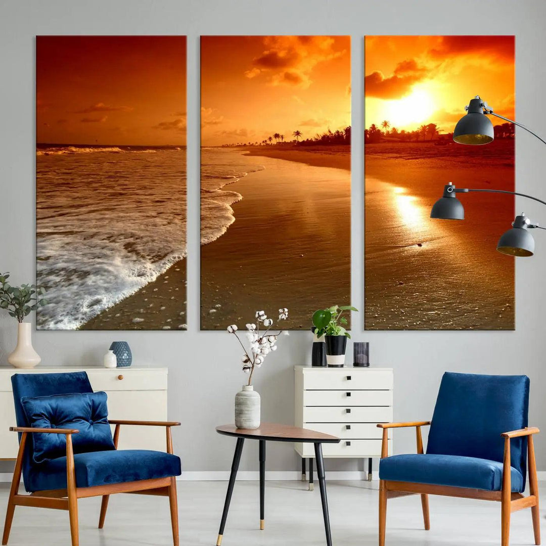 Golden sunset beach canvas wall art. A triptych coastal print perfect for living rooms and relaxation spaces.