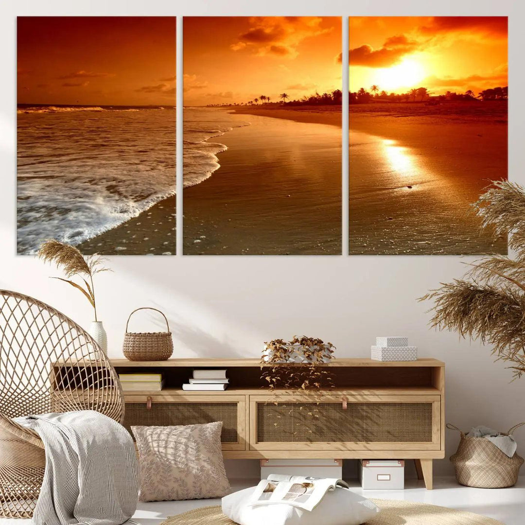 Golden sunset beach canvas wall art. A triptych coastal print perfect for living rooms and relaxation spaces.