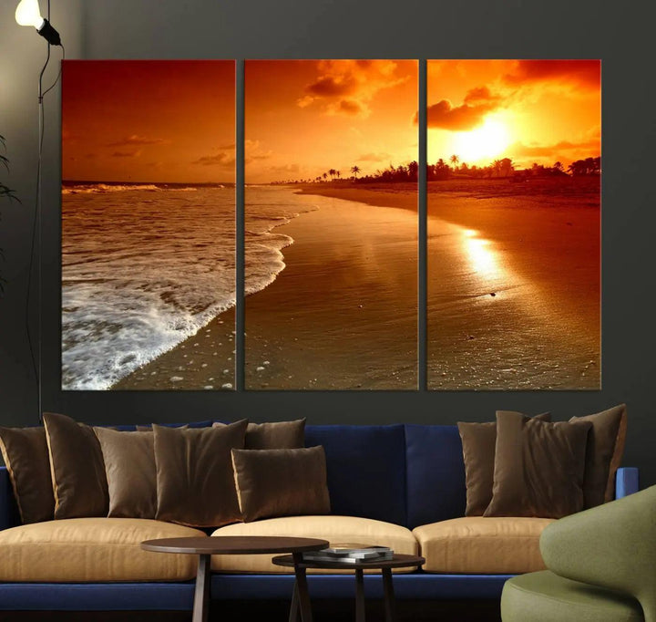 The Golden Sunset Beach Canvas Wall Art, a triptych beach sunset canvas print, infuses the living room with coastal landscape art perfect for relaxation spaces.