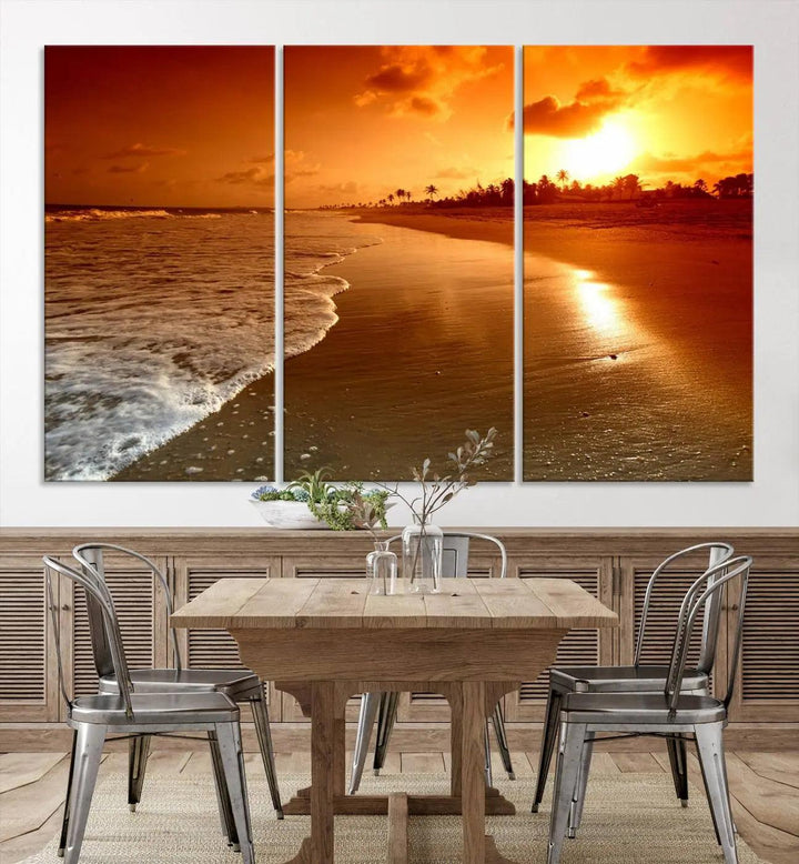 Golden sunset beach canvas wall art. A triptych coastal print perfect for living rooms and relaxation spaces.