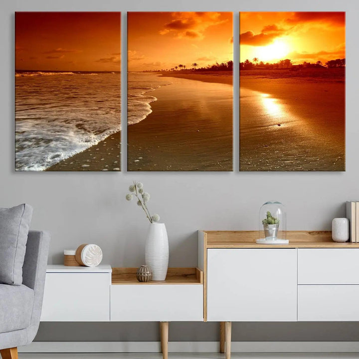 Golden sunset beach canvas wall art. A triptych coastal print perfect for living rooms and relaxation spaces.