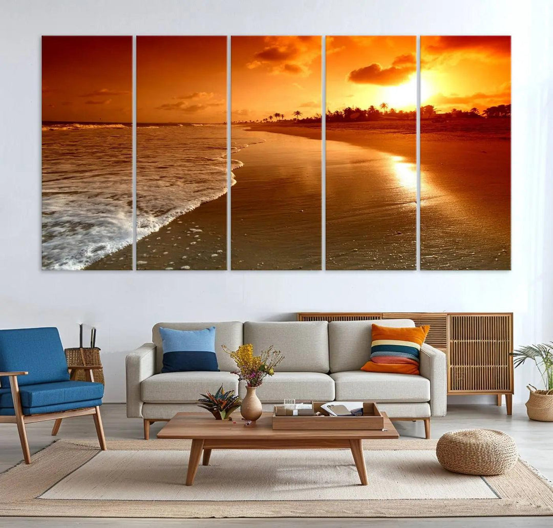 Golden sunset beach canvas wall art. A triptych coastal print perfect for living rooms and relaxation spaces.