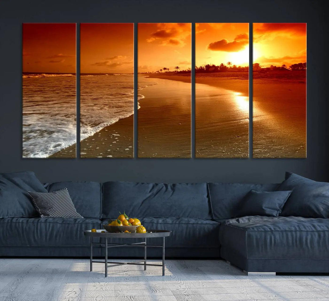 Golden sunset beach canvas wall art. A triptych coastal print perfect for living rooms and relaxation spaces.