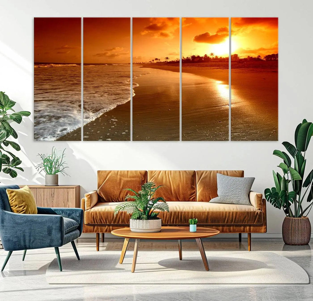 Golden sunset beach canvas wall art. A triptych coastal print perfect for living rooms and relaxation spaces.