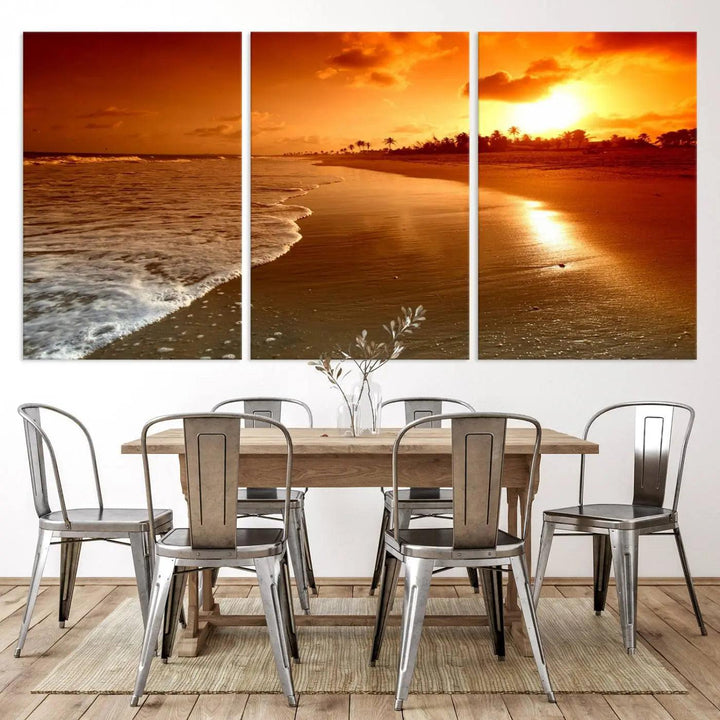 Golden sunset beach canvas wall art. A triptych coastal print perfect for living rooms and relaxation spaces.