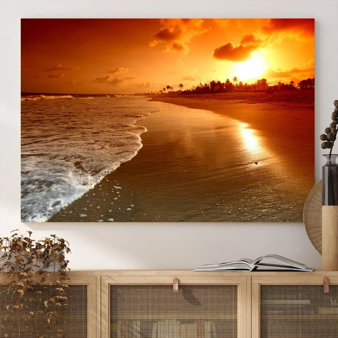 Golden sunset beach canvas wall art. A triptych coastal print perfect for living rooms and relaxation spaces.