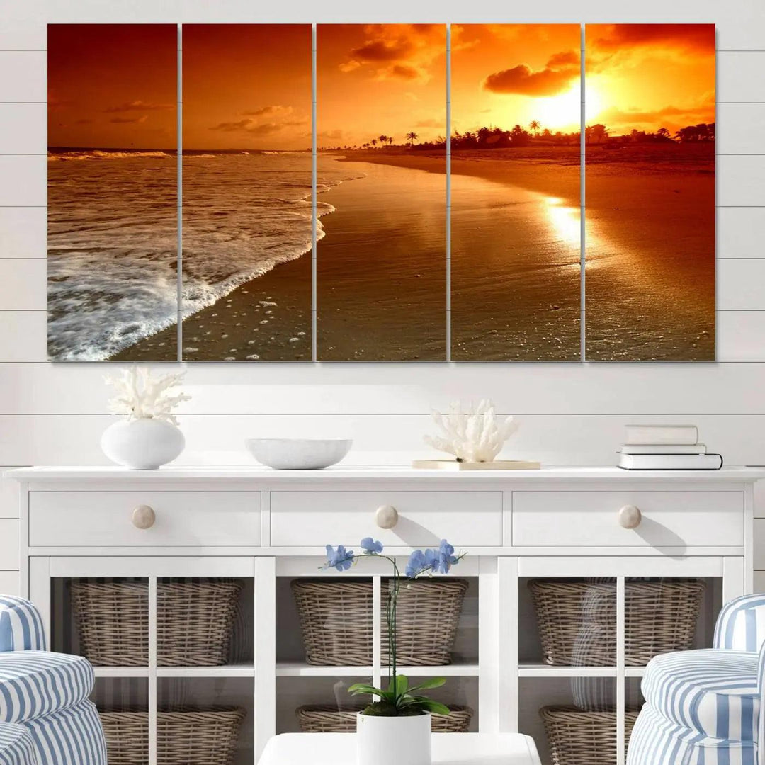 Golden sunset beach canvas wall art. A triptych coastal print perfect for living rooms and relaxation spaces.