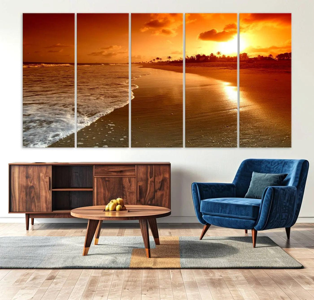 Golden sunset beach canvas wall art. A triptych coastal print perfect for living rooms and relaxation spaces.