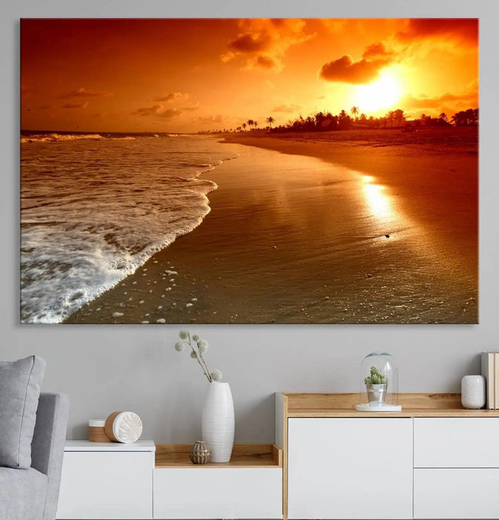 Golden sunset beach canvas wall art. A triptych coastal print perfect for living rooms and relaxation spaces.