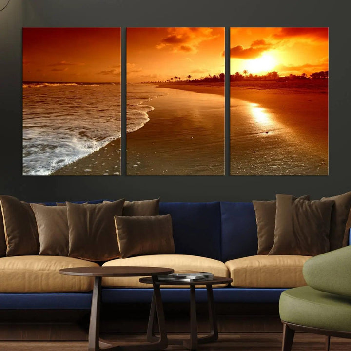 Golden sunset beach canvas wall art. A triptych coastal print perfect for living rooms and relaxation spaces.