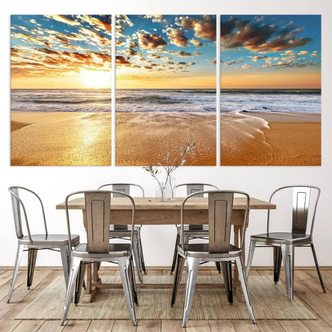 The "Golden Sunset Beach" triptych, a giclee canvas print showcasing Canon print quality, beautifully captures a serene beach sunset with waves lapping at the golden sand.