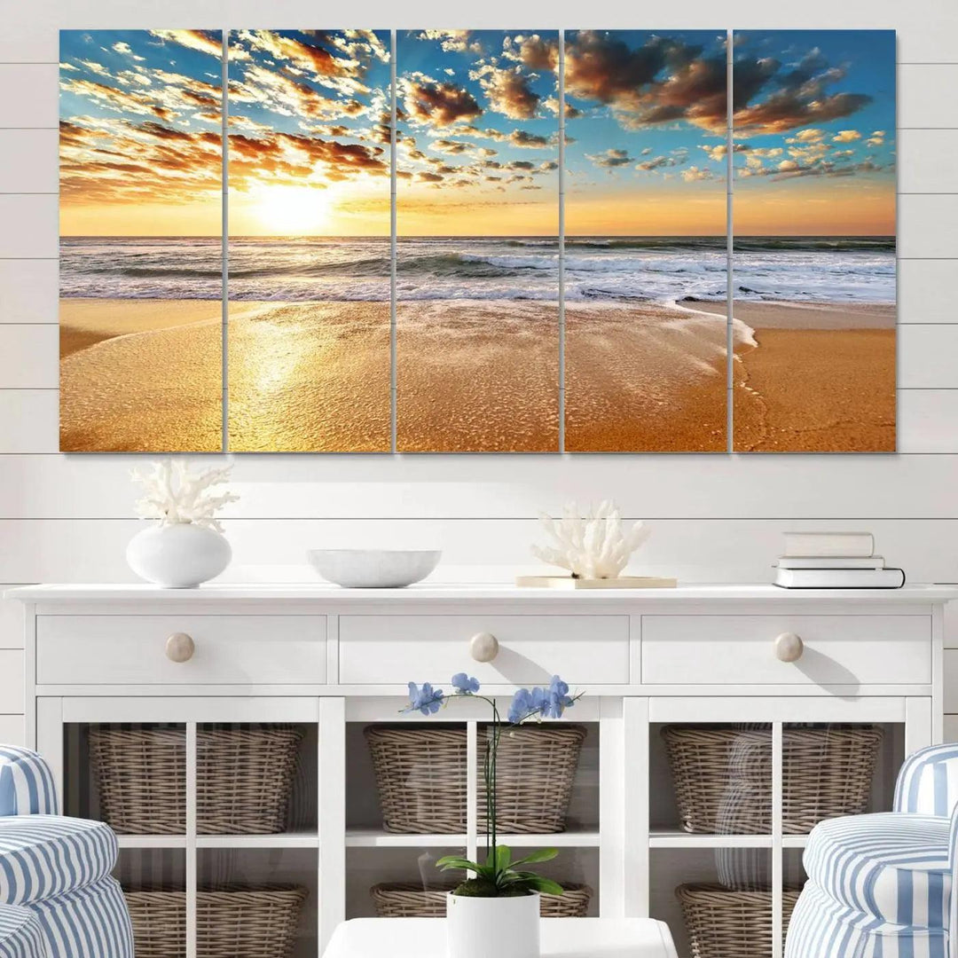 The "Golden Sunset Beach" triptych, a giclee canvas print showcasing Canon print quality, beautifully captures a serene beach sunset with waves lapping at the golden sand.