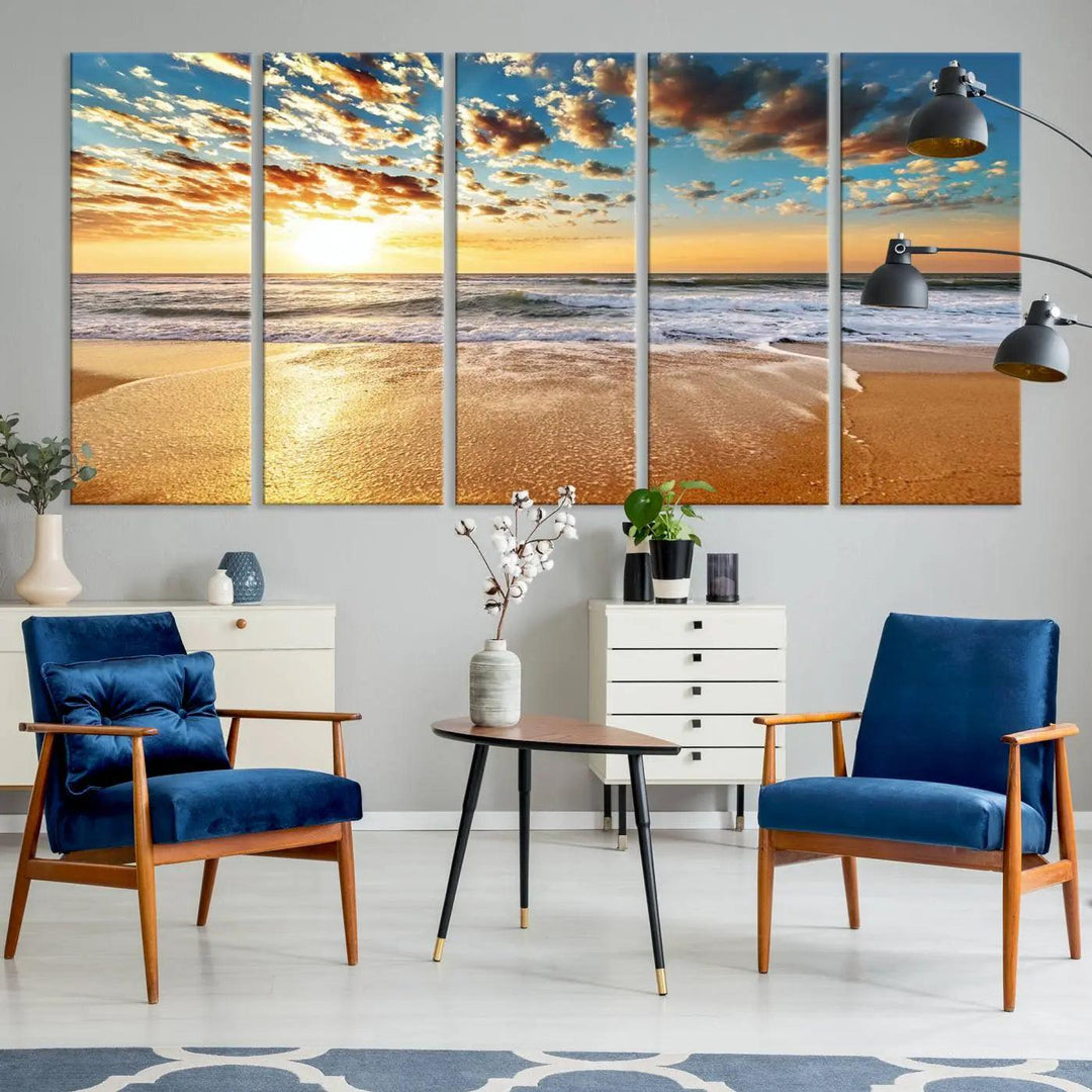 The "Golden Sunset Beach" triptych, a giclee canvas print showcasing Canon print quality, beautifully captures a serene beach sunset with waves lapping at the golden sand.