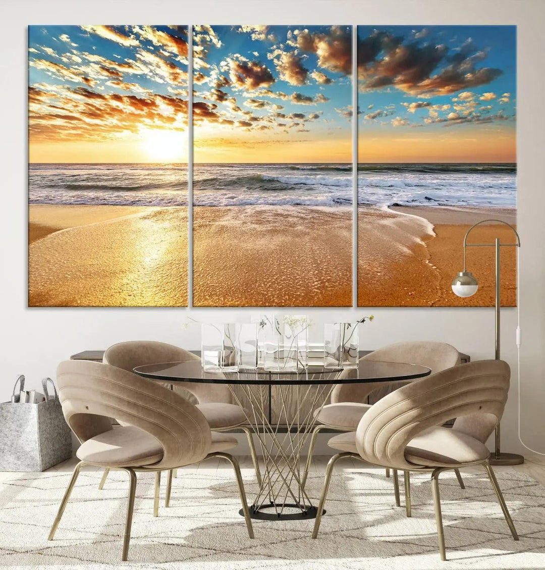 The "Golden Sunset Beach" triptych, a giclee canvas print showcasing Canon print quality, beautifully captures a serene beach sunset with waves lapping at the golden sand.