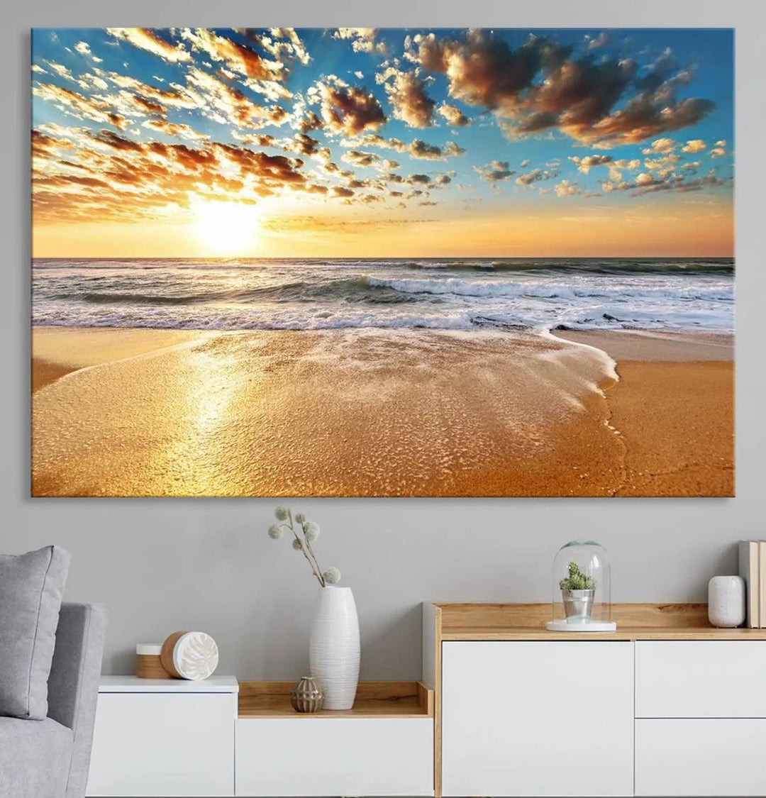 The "Golden Sunset Beach" triptych, a giclee canvas print showcasing Canon print quality, beautifully captures a serene beach sunset with waves lapping at the golden sand.