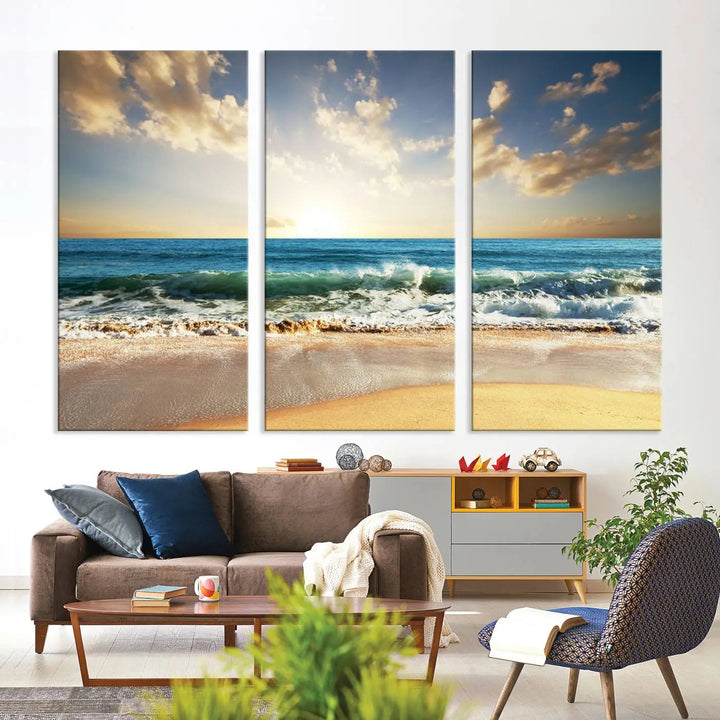 Golden Sunset Beach Triptych Canvas Wall Art on a dark living room wall.