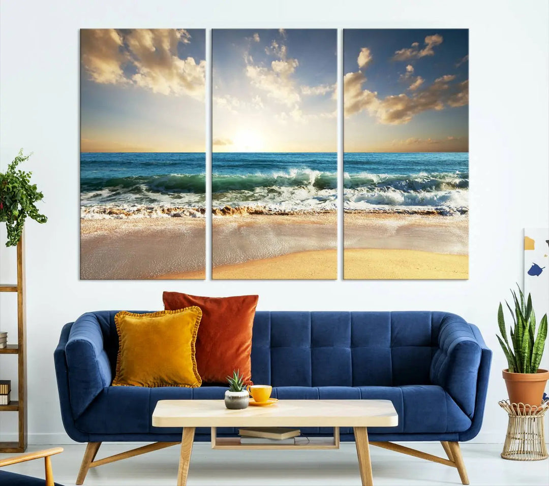 Golden Sunset Beach Triptych Canvas Wall Art on a dark living room wall.