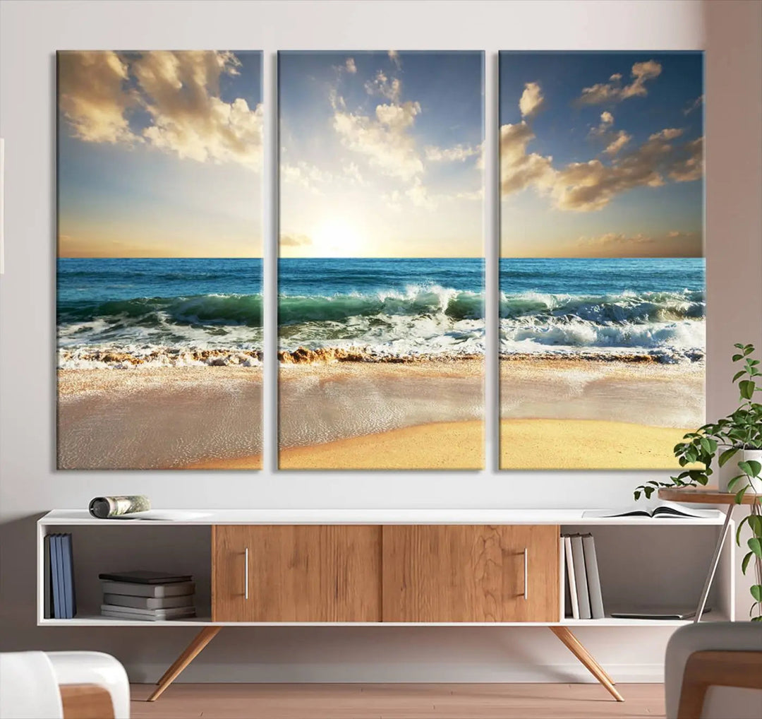 Golden Sunset Beach Triptych Canvas Wall Art on a dark living room wall.