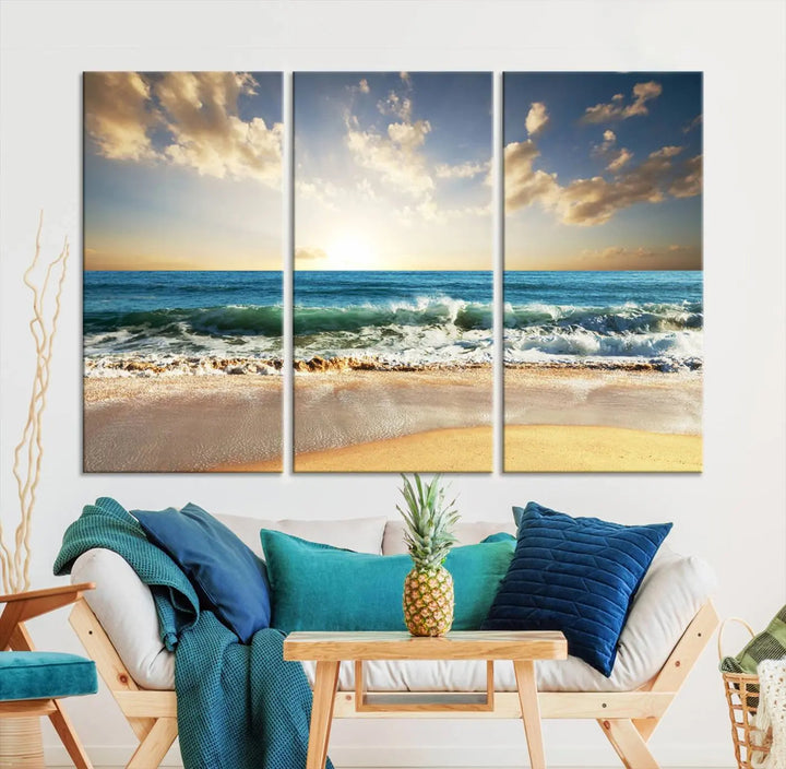 Golden Sunset Beach Triptych Canvas Wall Art on a dark living room wall.