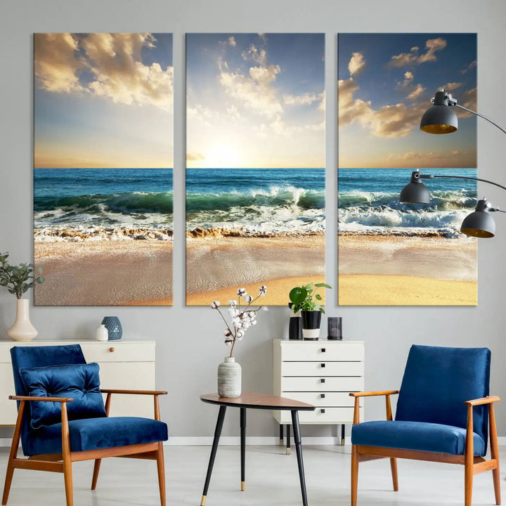 Golden Sunset Beach Triptych Canvas Wall Art on a dark living room wall.