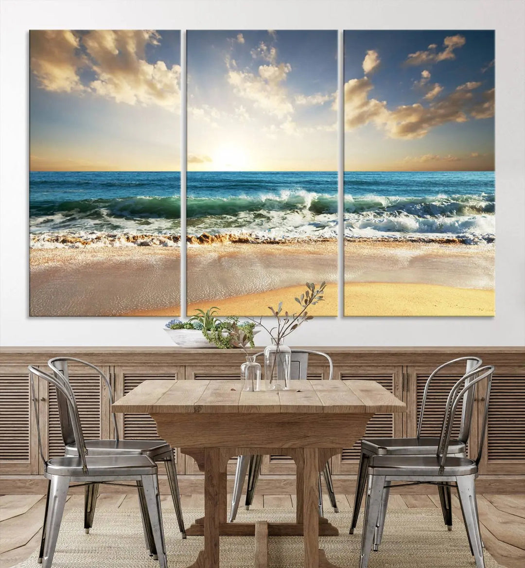 Golden Sunset Beach Triptych Canvas Wall Art on a dark living room wall.