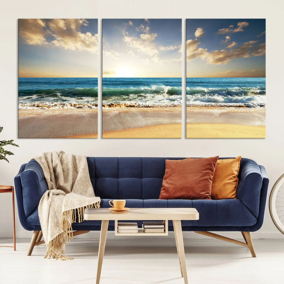 Golden Sunset Beach Triptych Canvas Wall Art on a dark living room wall.