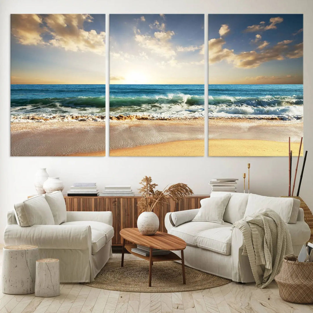 Golden Sunset Beach Triptych Canvas Wall Art on a dark living room wall.