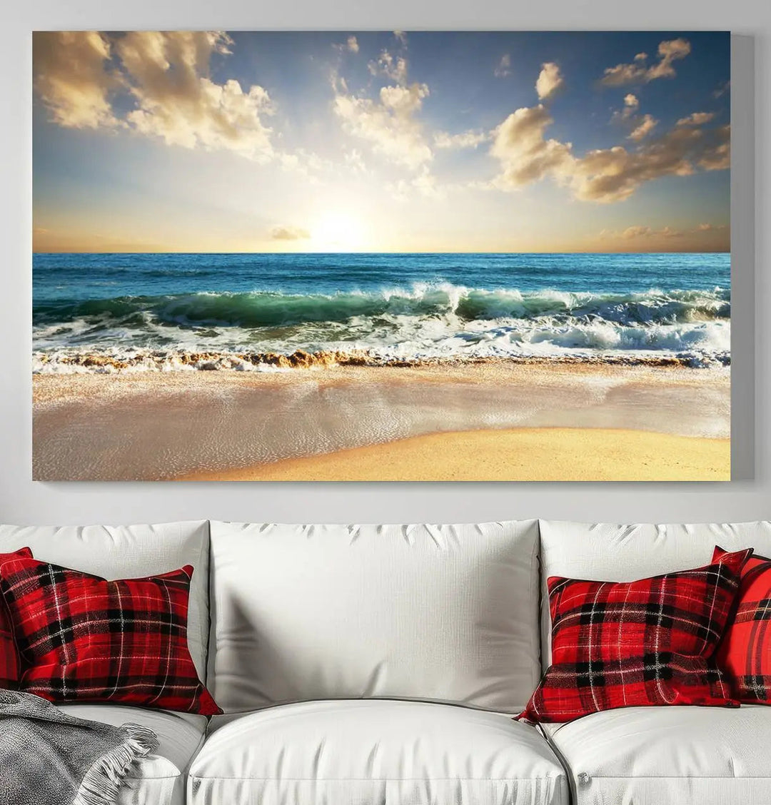 Golden Sunset Beach Triptych Canvas Wall Art on a dark living room wall.