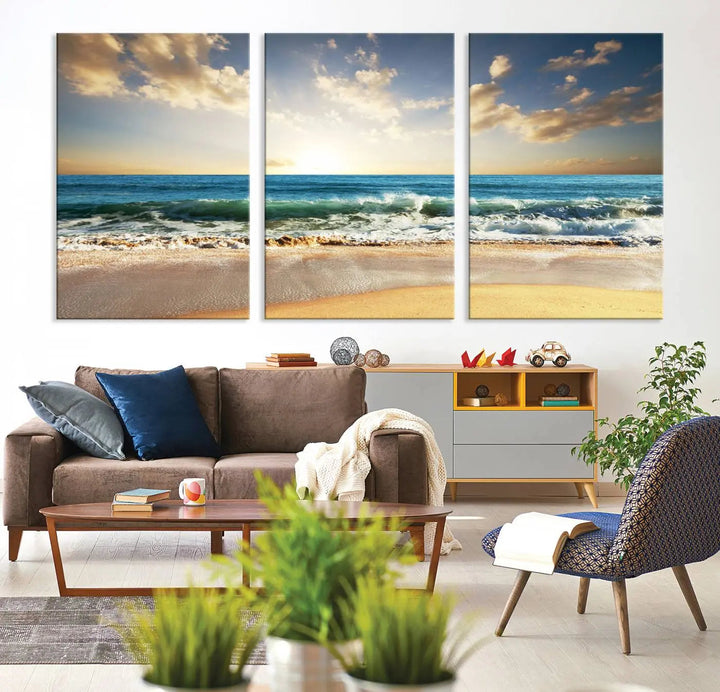 Golden Sunset Beach Triptych Canvas Wall Art on a dark living room wall.