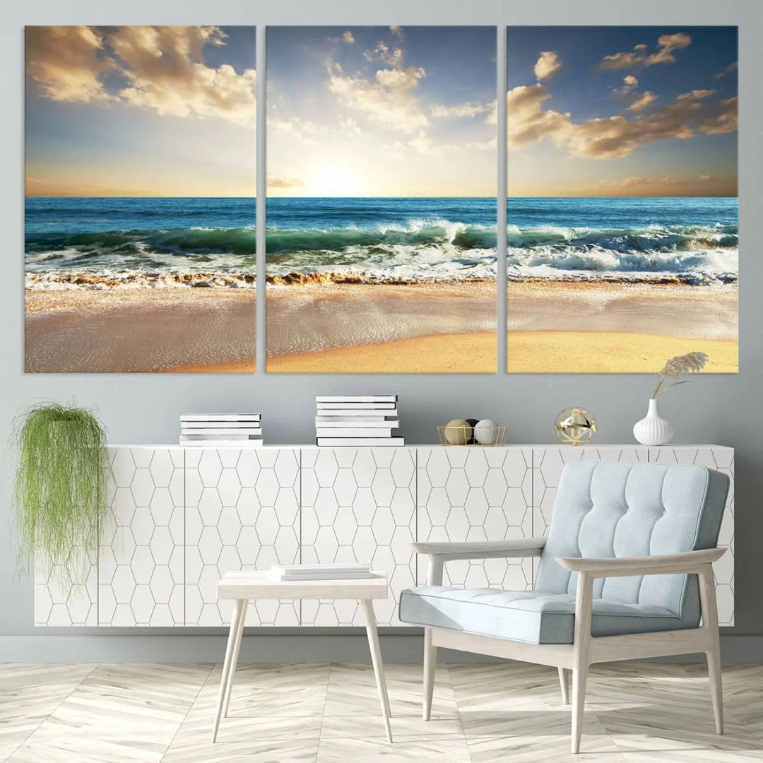 Golden Sunset Beach Triptych Canvas Wall Art on a dark living room wall.