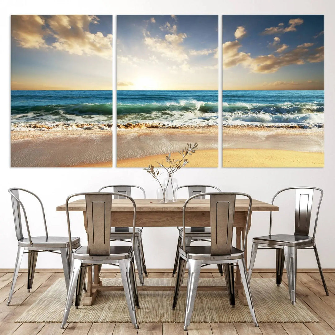 Golden Sunset Beach Triptych Canvas Wall Art on a dark living room wall.