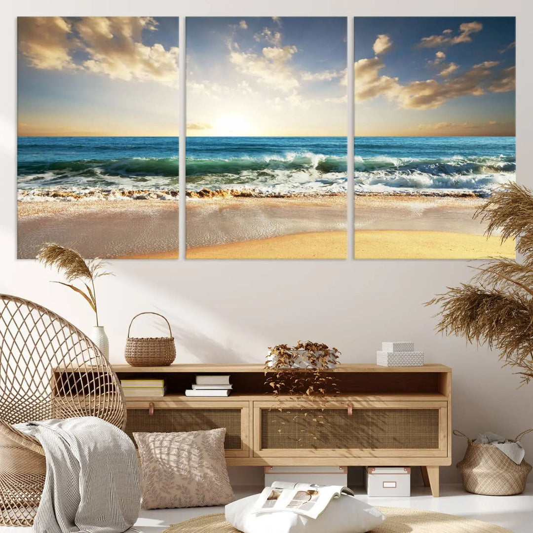 Golden Sunset Beach Triptych Canvas Wall Art on a dark living room wall.