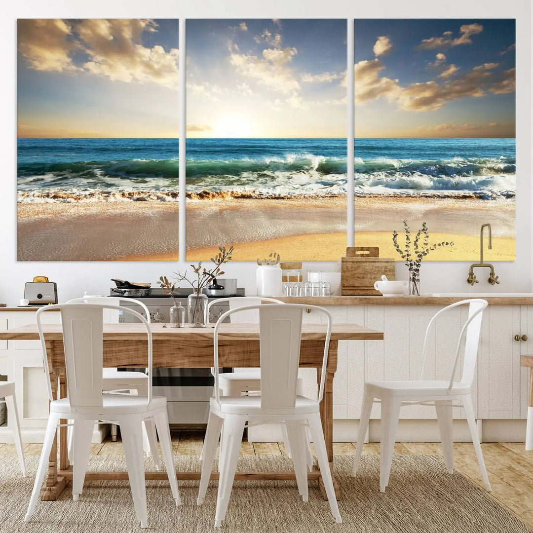 Golden Sunset Beach Triptych Canvas Wall Art on a dark living room wall.